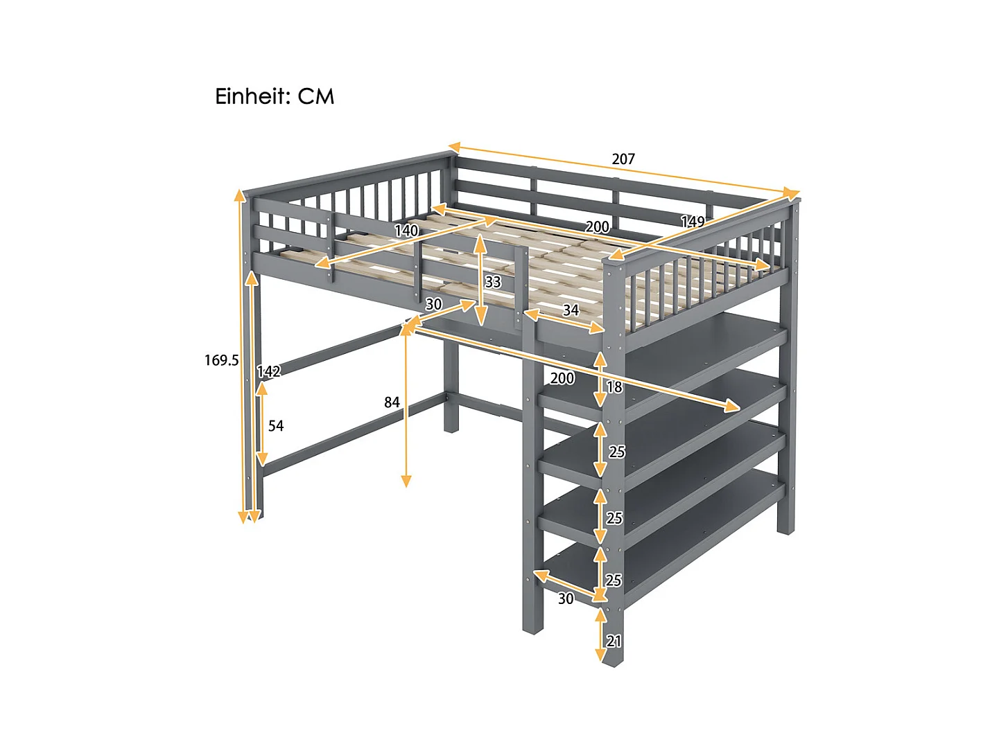 Lit mezzanine 140x200cm, lit d'enfant avec compartiments de rangement et bureau sous le lit, bois de pin et MDF, gris, sans matelas