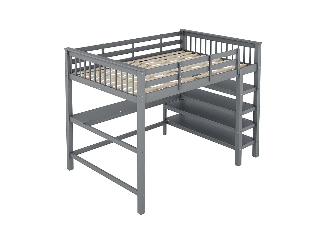 Lit mezzanine 140x200cm, lit d'enfant avec compartiments de rangement et bureau sous le lit, bois de pin et MDF, gris, sans matelas