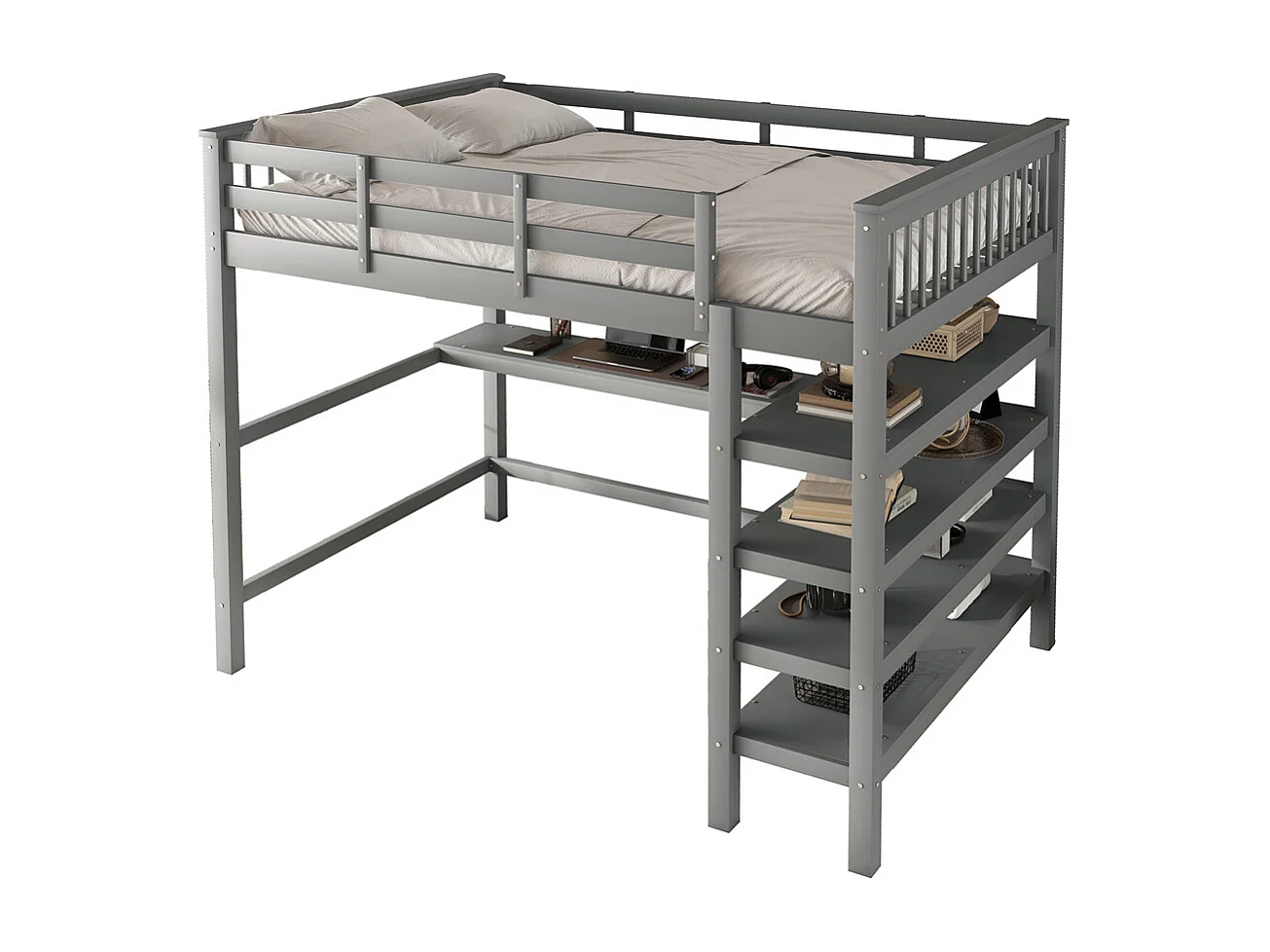 Lit mezzanine 140x200cm, lit d'enfant avec compartiments de rangement et bureau sous le lit, bois de pin et MDF, gris, sans matelas