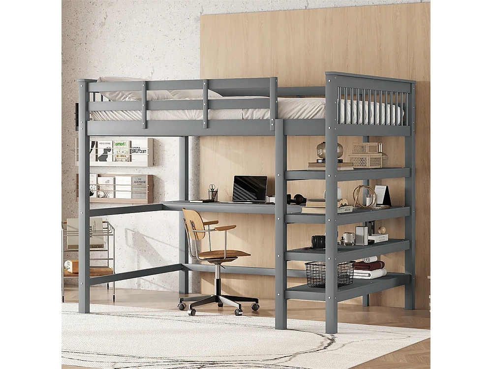 Lit mezzanine 140x200cm, lit d'enfant avec compartiments de rangement et bureau sous le lit, bois de pin et MDF, gris, sans matelas
