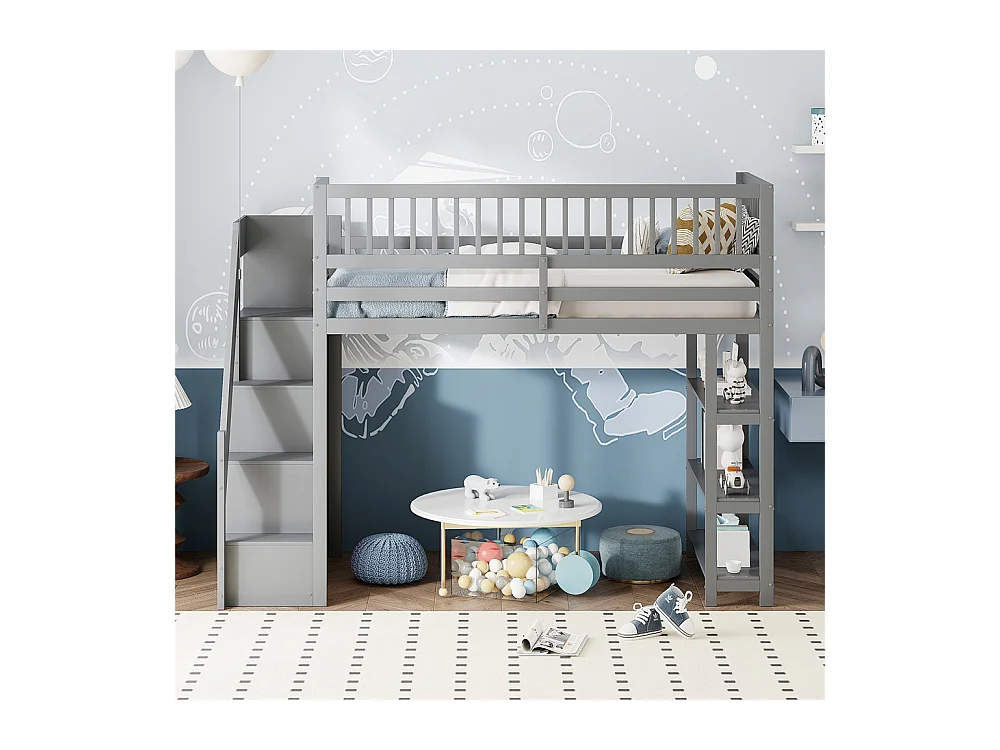 Lit jeune lit 90x200 cm lit superposé avec armoire et étagères lit simple pin gris