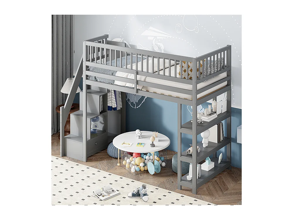 Lit jeune lit 90x200 cm lit superposé avec armoire et étagères lit simple pin gris