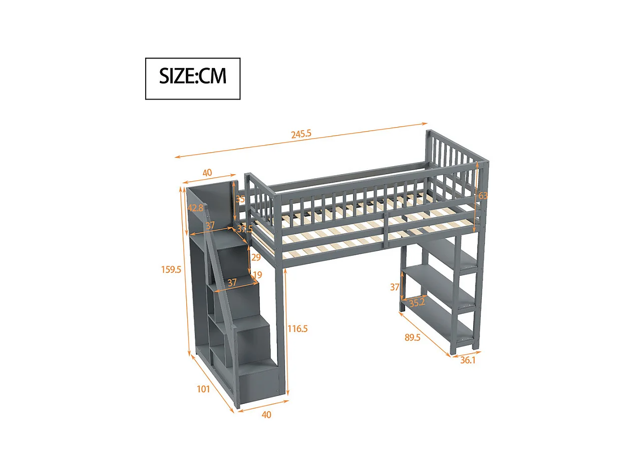 Lit jeune lit 90x200 cm lit superposé avec armoire et étagères lit simple pin gris