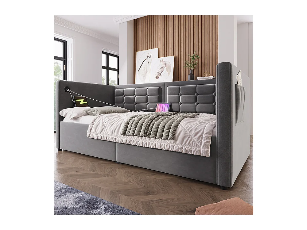 Canapé-lit rembourré 90x190 cm, canapé-lit simple avec espace de rangement hydraulique et station de charge USB & Type-C, gris, sans matelas.