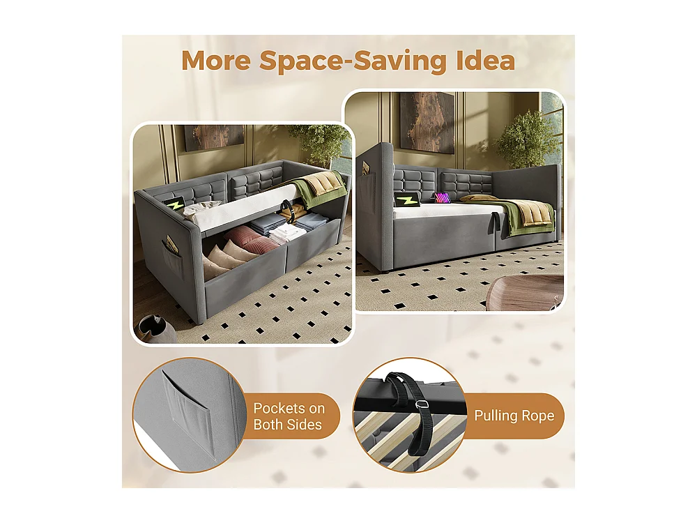 Canapé-lit rembourré 90x190 cm, canapé-lit simple avec espace de rangement hydraulique et station de charge USB & Type-C, gris, sans matelas.