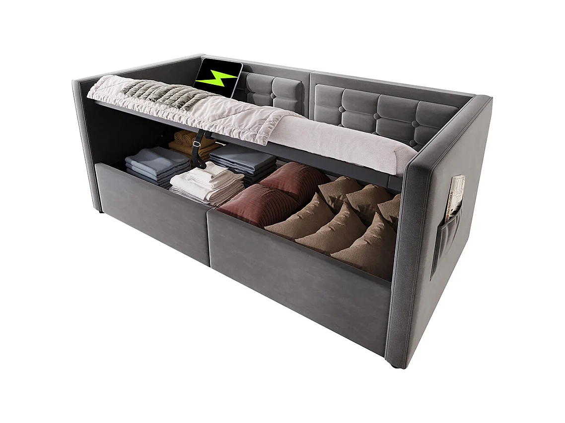 Canapé-lit rembourré 90x190 cm, canapé-lit simple avec espace de rangement hydraulique et station de charge USB & Type-C, gris, sans matelas.