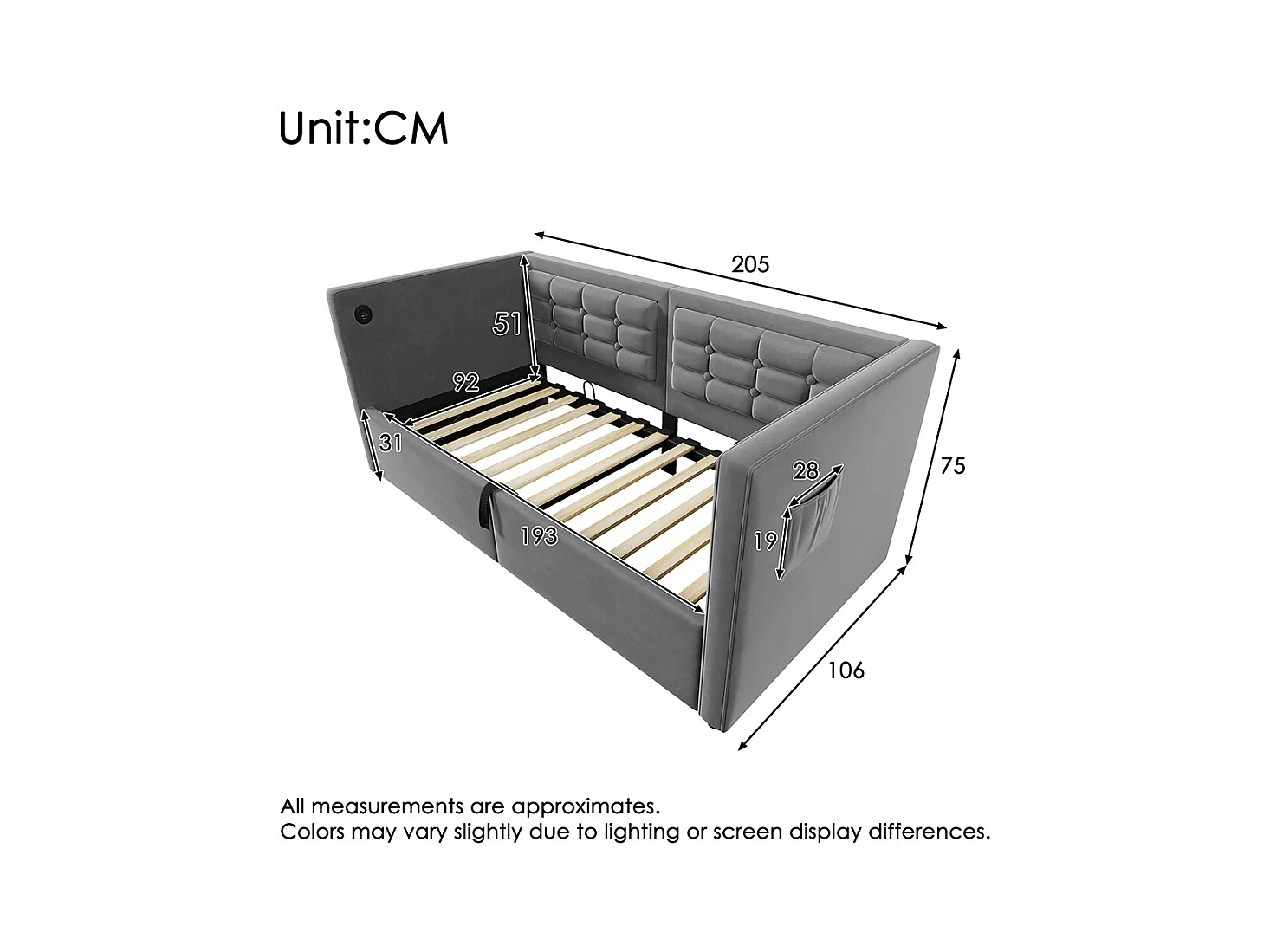 Canapé-lit rembourré 90x190 cm, canapé-lit simple avec espace de rangement hydraulique et station de charge USB & Type-C, gris, sans matelas.