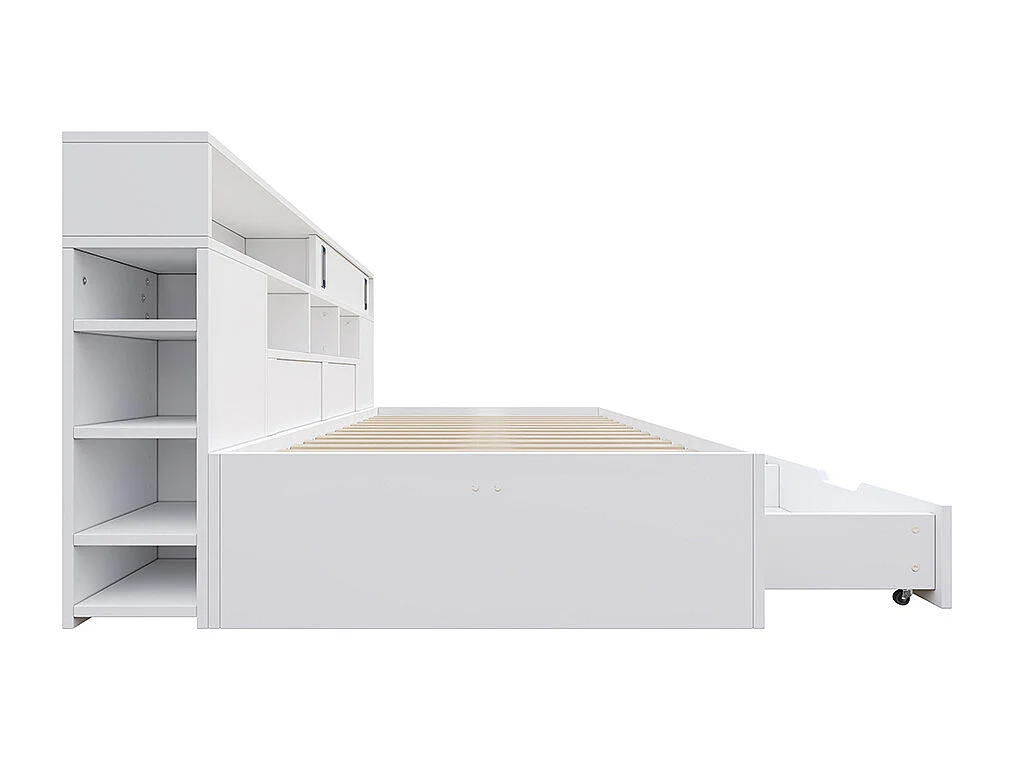 Lit de jour lit de rangement 140x200 cm, avec tiroirs, étagères et armoires de rangement, sommier avec espace de rangement, adapté aux adultes, sans matelas, blanc