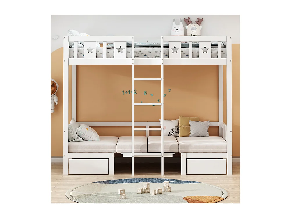 Lit jeune lit 90x200 cm lit superposé avec 2 tiroirs et échelle lit simple avec bureau pin blanc