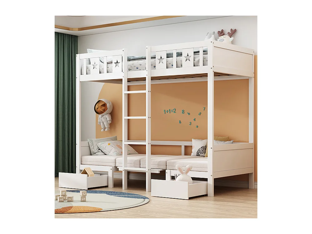 Lit jeune lit 90x200 cm lit superposé avec 2 tiroirs et échelle lit simple avec bureau pin blanc