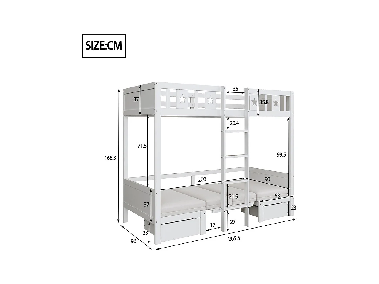 Lit jeune lit 90x200 cm lit superposé avec 2 tiroirs et échelle lit simple avec bureau pin blanc