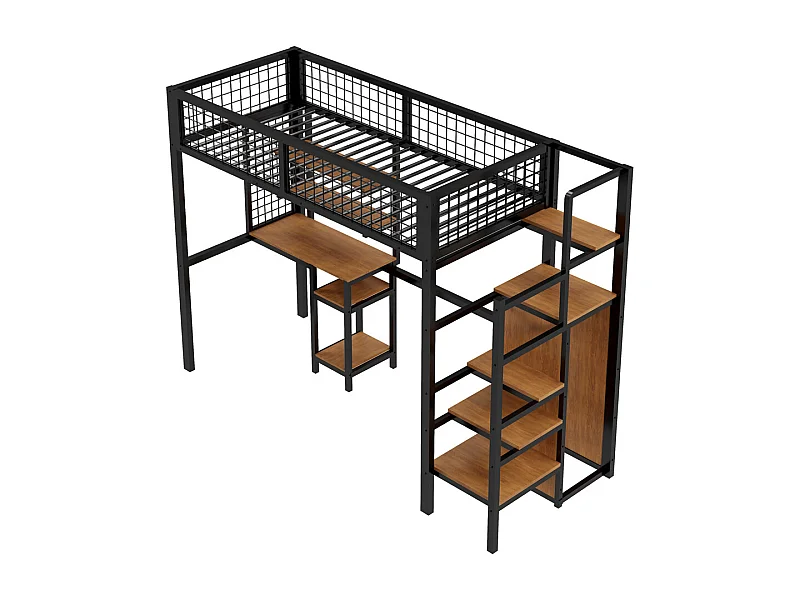 Lit jeune lit 90x200 cm lit surélevé avec échelle de sécurité, armoire et bureau d'ordinateur cadre de lit en fer lit simple métal noir