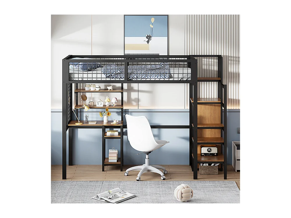 Lit jeune lit 90x200 cm lit surélevé avec échelle de sécurité, armoire et bureau d'ordinateur cadre de lit en fer lit simple métal noir