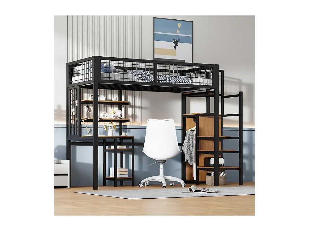 Lit jeune lit 90x200 cm lit surélevé avec échelle de sécurité, armoire et bureau d'ordinateur cadre de lit en fer lit simple métal noir