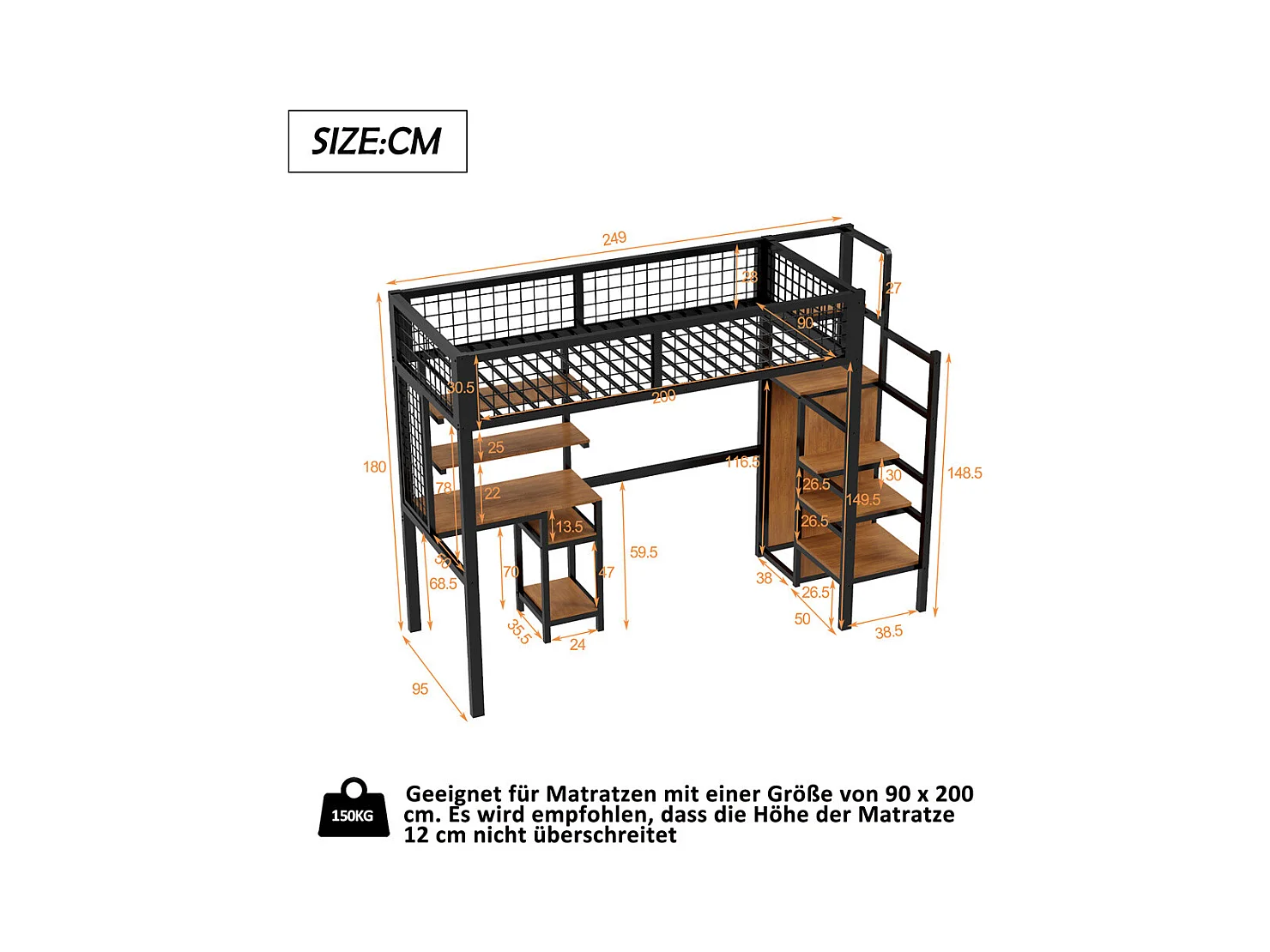 Lit jeune lit 90x200 cm lit surélevé avec échelle de sécurité, armoire et bureau d'ordinateur cadre de lit en fer lit simple métal noir