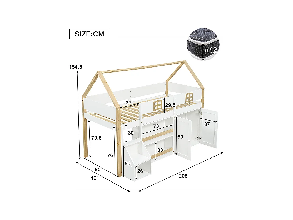 Lit mezzanine 90x200cm, lit en bois, lit mezzanine, nombreux rangements avec étagères et penderie, blanc+naturel