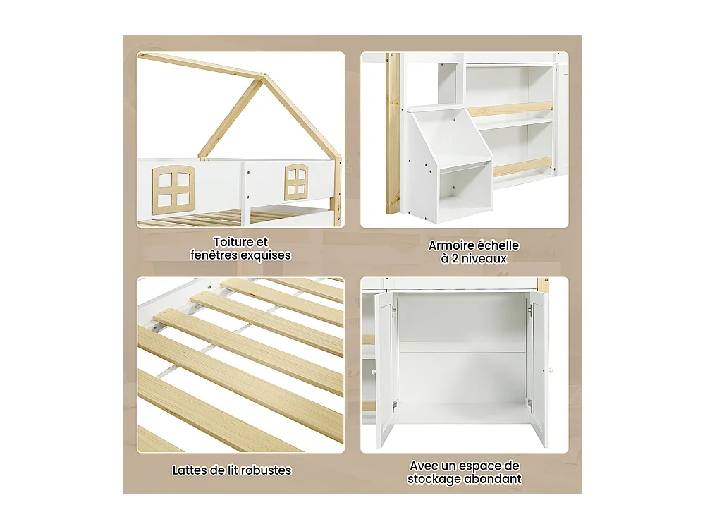 Lit mezzanine 90x200cm, lit en bois, lit mezzanine, nombreux rangements avec étagères et penderie, blanc+naturel