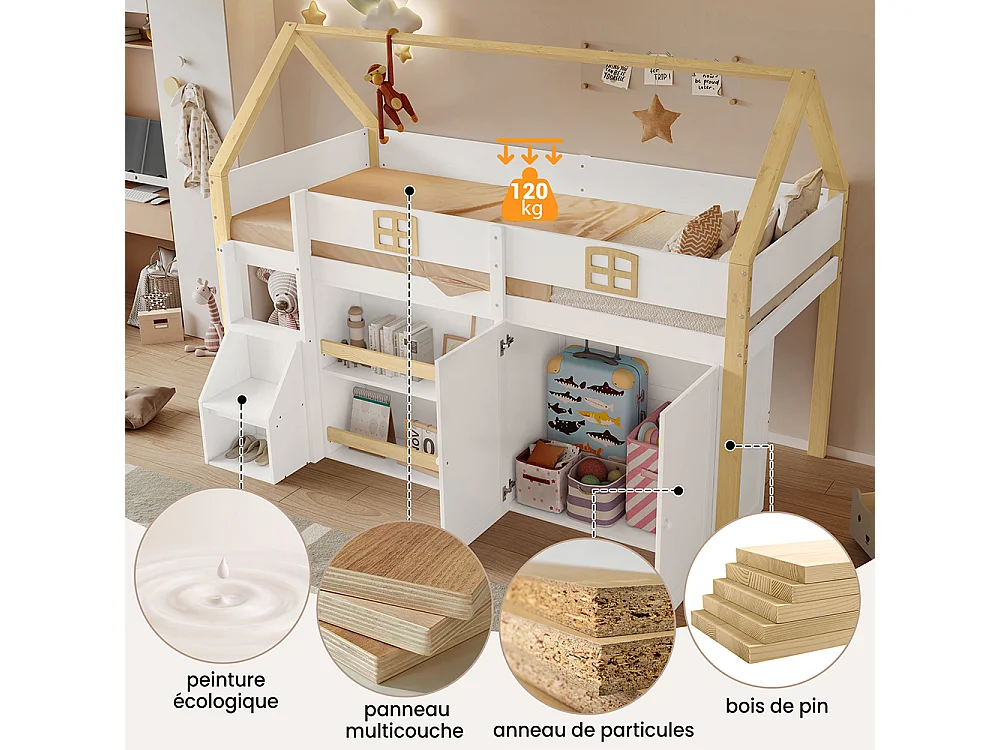 Lit mezzanine 90x200cm, lit en bois, lit mezzanine, nombreux rangements avec étagères et penderie, blanc+naturel