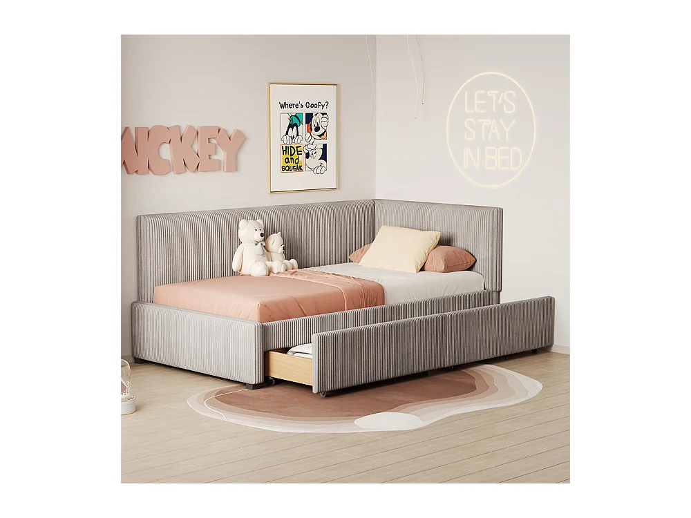 Lit jeune lit 90x200 cm lit rembourré lit sommier à lattes avec 2 tiroirs de rangement lit simple tissu en velours gris