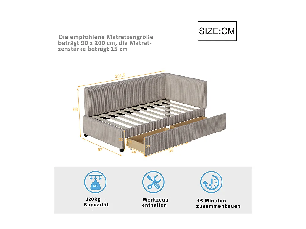 Lit jeune lit 90x200 cm lit rembourré lit sommier à lattes avec 2 tiroirs de rangement lit simple tissu en velours gris