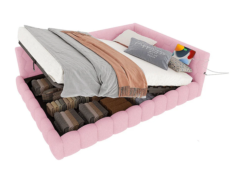 Lit de repos, 140 x 200 cm, canapé-lit, lit avec sommier à lattes, avec barre lumineuse LED, avec mécanisme de levage hydraulique, rose