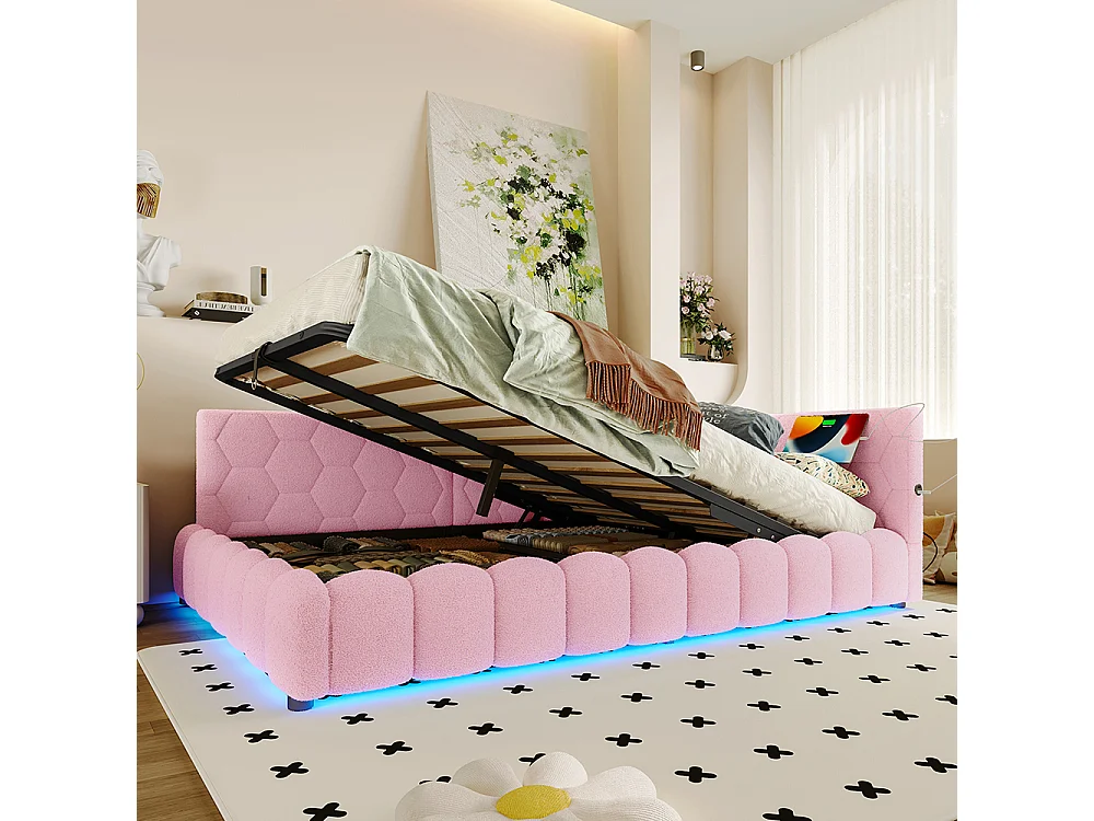 Lit de repos, 140 x 200 cm, canapé-lit, lit avec sommier à lattes, avec barre lumineuse LED, avec mécanisme de levage hydraulique, rose