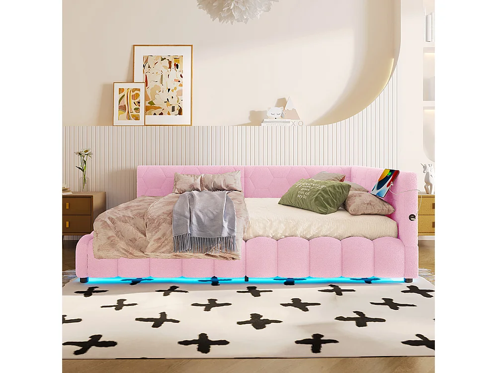 Lit de repos, 140 x 200 cm, canapé-lit, lit avec sommier à lattes, avec barre lumineuse LED, avec mécanisme de levage hydraulique, rose