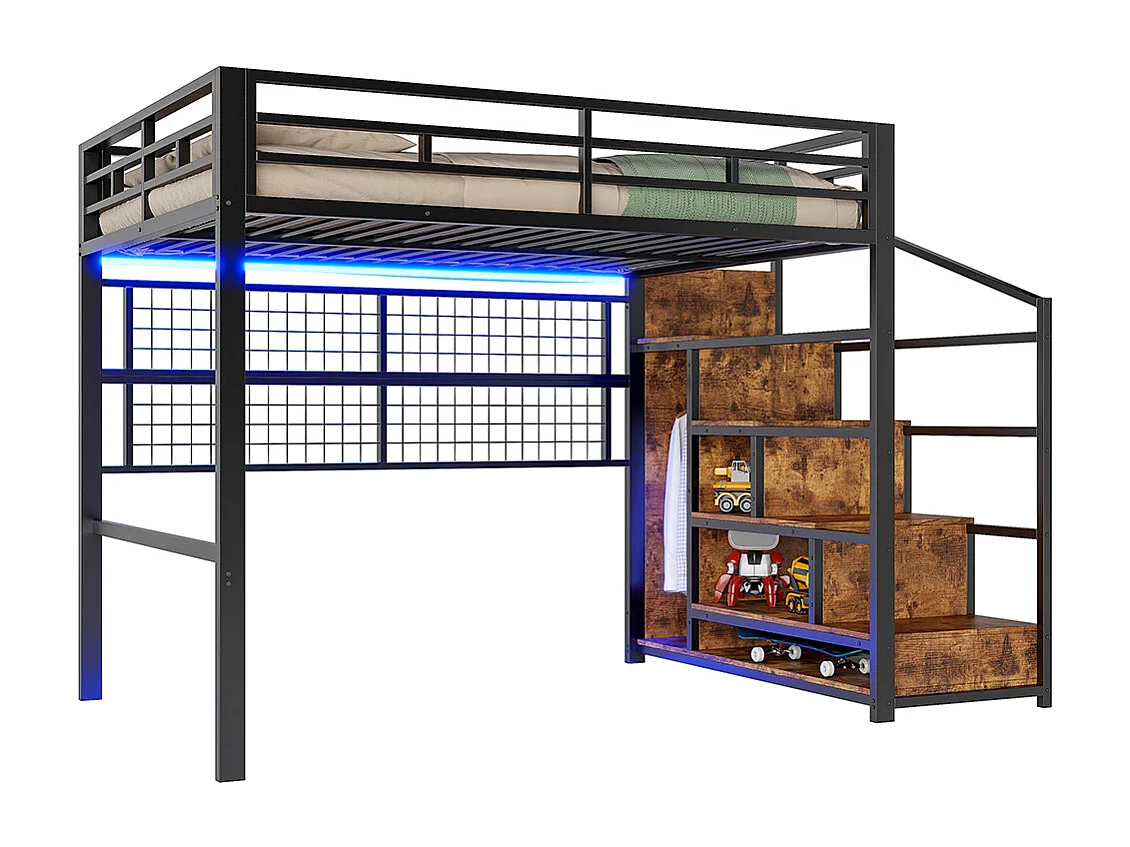 Lit mezzanine 140 x 200cm, avec armoire, échelle de rangement, grille pour suspendre des objets, éclairage led 7 couleurs, cadre en fer, noir, sans matelas