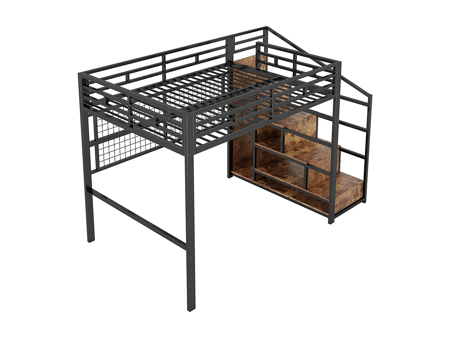 Lit mezzanine 140 x 200cm, avec armoire, échelle de rangement, grille pour suspendre des objets, éclairage led 7 couleurs, cadre en fer, noir, sans matelas