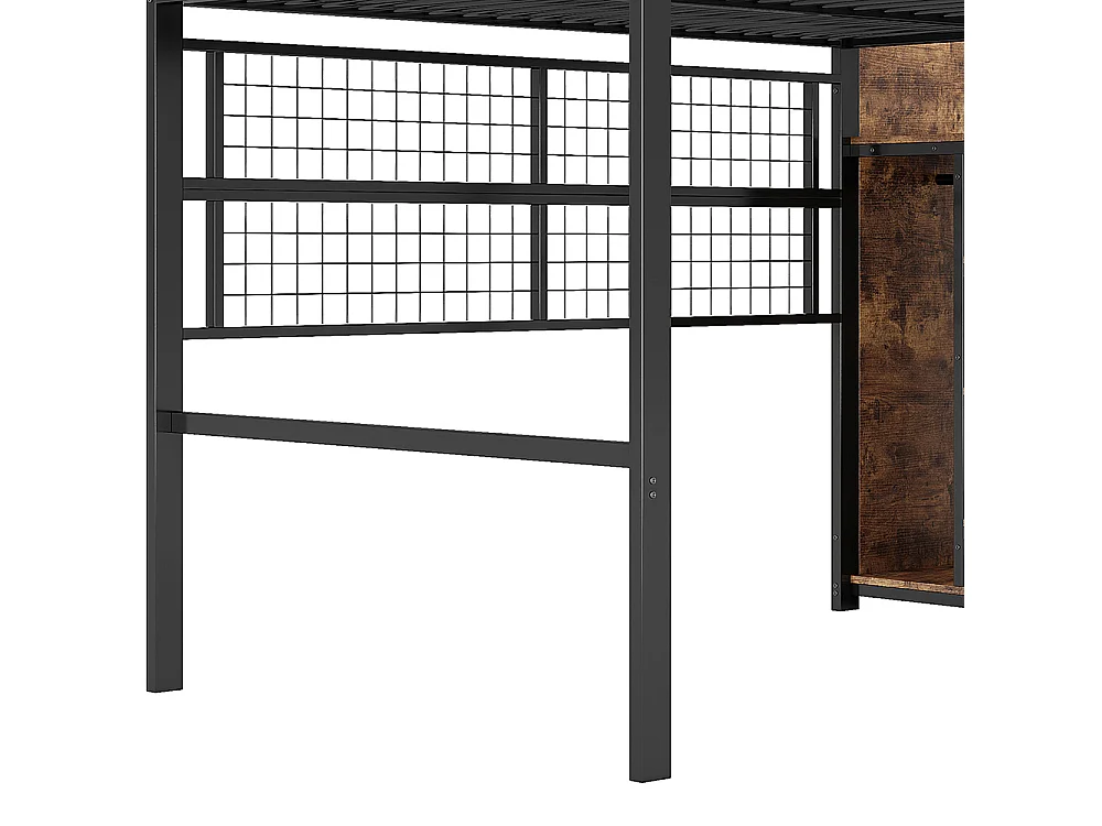 Lit mezzanine 140 x 200cm, avec armoire, échelle de rangement, grille pour suspendre des objets, éclairage led 7 couleurs, cadre en fer, noir, sans matelas