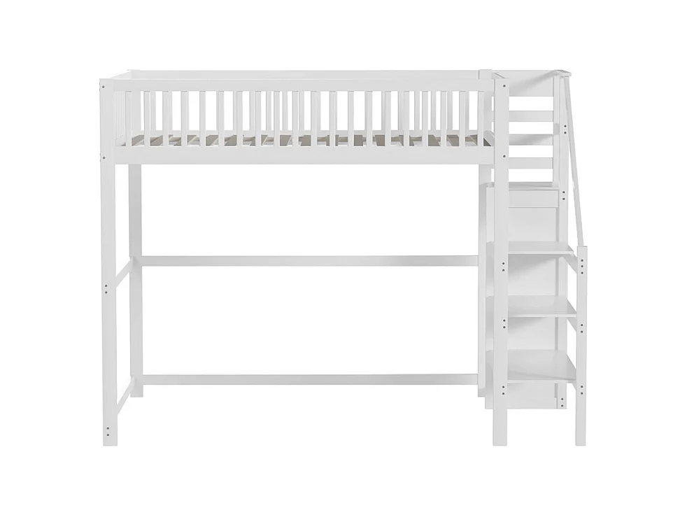 Lit jeune lit 140x200 cm lit superposé avec escalier et étagère de rangement lit simple bois massif blanc