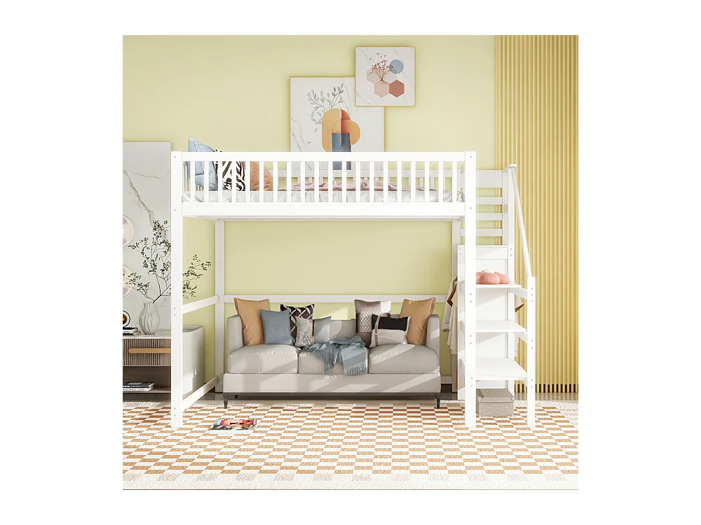 Lit jeune lit 140x200 cm lit superposé avec escalier et étagère de rangement lit simple bois massif blanc