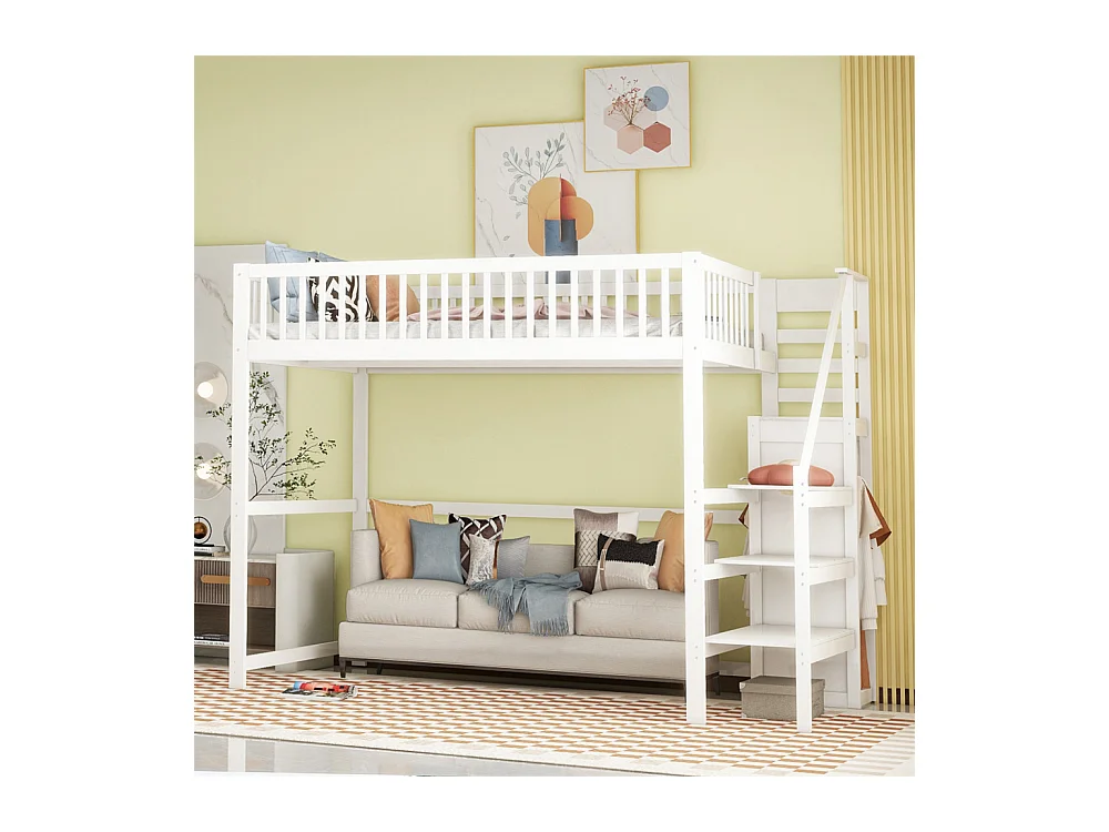 Lit jeune lit 140x200 cm lit superposé avec escalier et étagère de rangement lit simple bois massif blanc