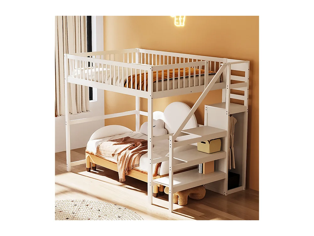 Lit jeune lit 140x200 cm lit superposé avec escalier et étagère de rangement lit simple bois massif blanc