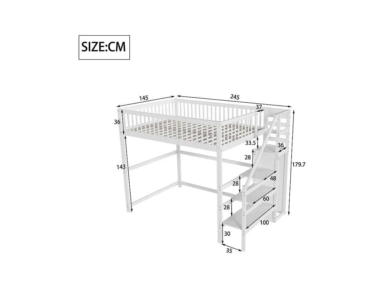 Lit jeune lit 140x200 cm lit superposé avec escalier et étagère de rangement lit simple bois massif blanc