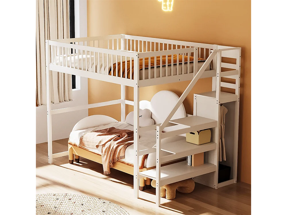 Lit jeune lit 140x200 cm lit superposé avec escalier et étagère de rangement lit simple bois massif blanc