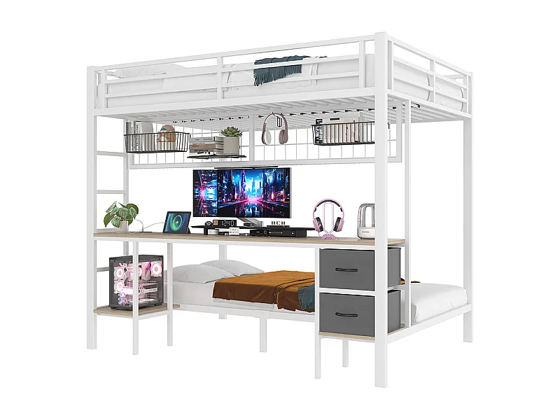 Lit mezzanine, 90 x 200 et 140 x 200, structure en fer, tiroirs, rangements, bureau, sans matelas, blanc