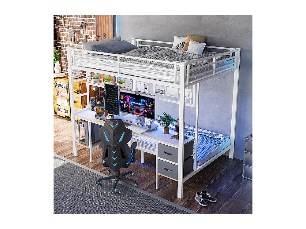 Lit mezzanine, 90 x 200 et 140 x 200, structure en fer, tiroirs, rangements, bureau, sans matelas, blanc