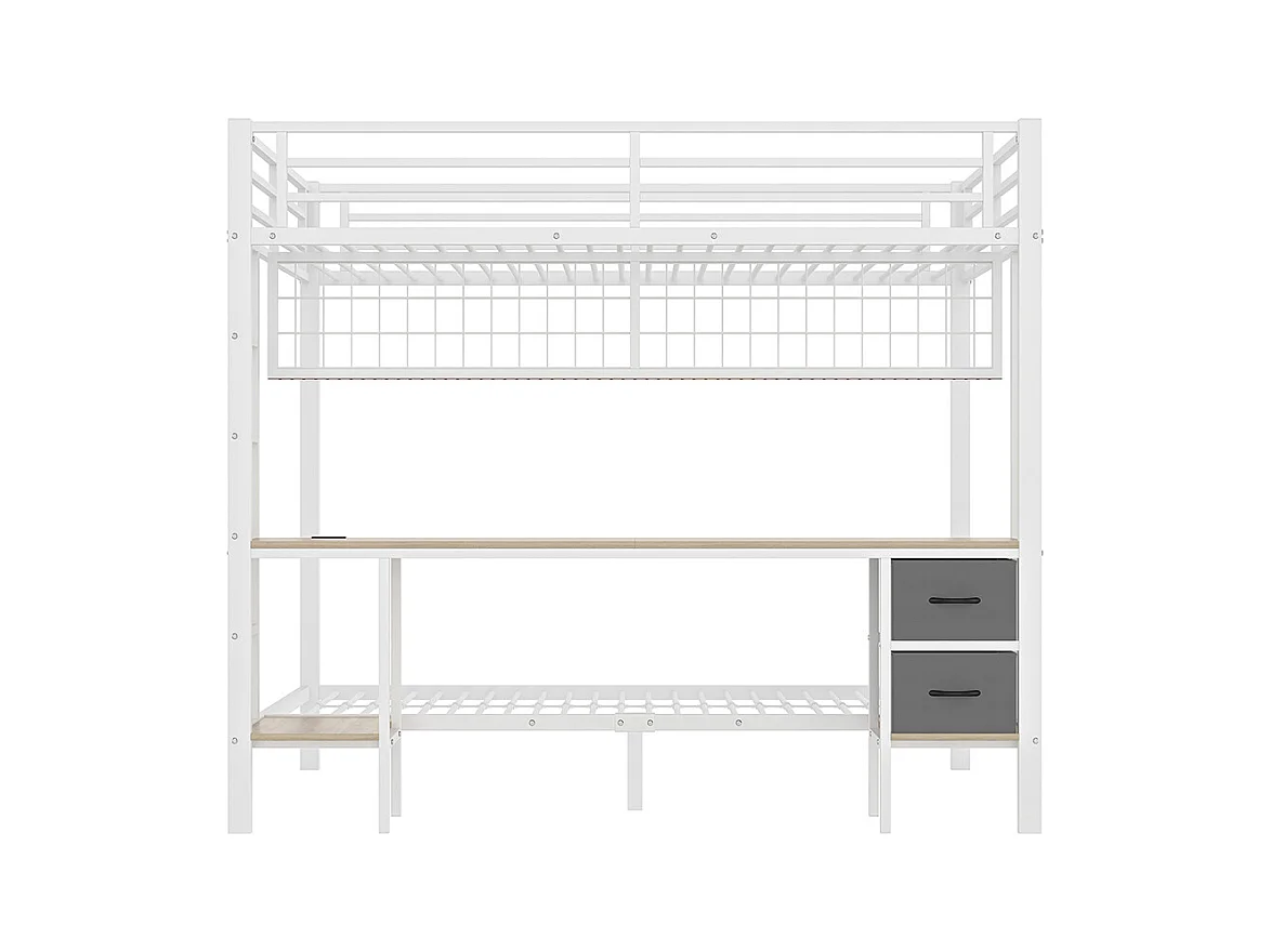 Lit mezzanine, 90 x 200 et 140 x 200, structure en fer, tiroirs, rangements, bureau, sans matelas, blanc