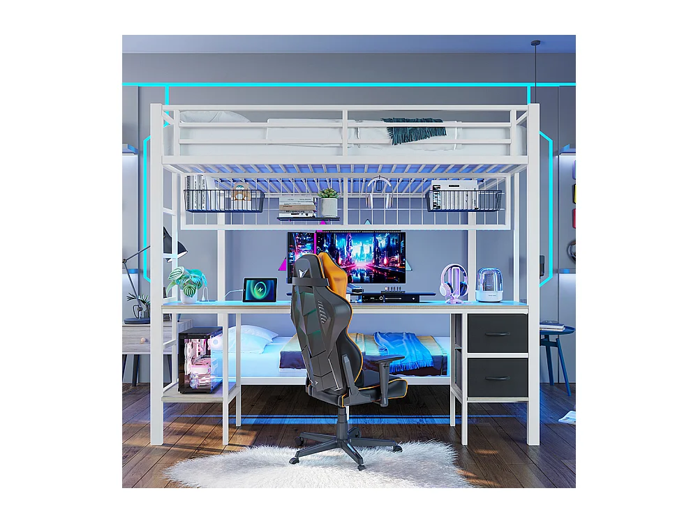 Lit mezzanine, 90 x 200 et 140 x 200, structure en fer, tiroirs, rangements, bureau, sans matelas, blanc