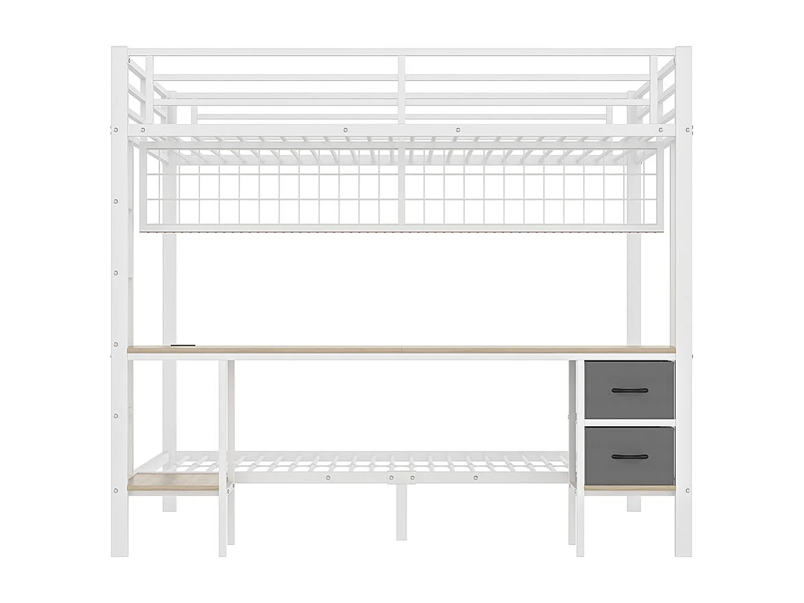 Lit mezzanine, 90 x 200 et 140 x 200, structure en fer, tiroirs, rangements, bureau, sans matelas, blanc