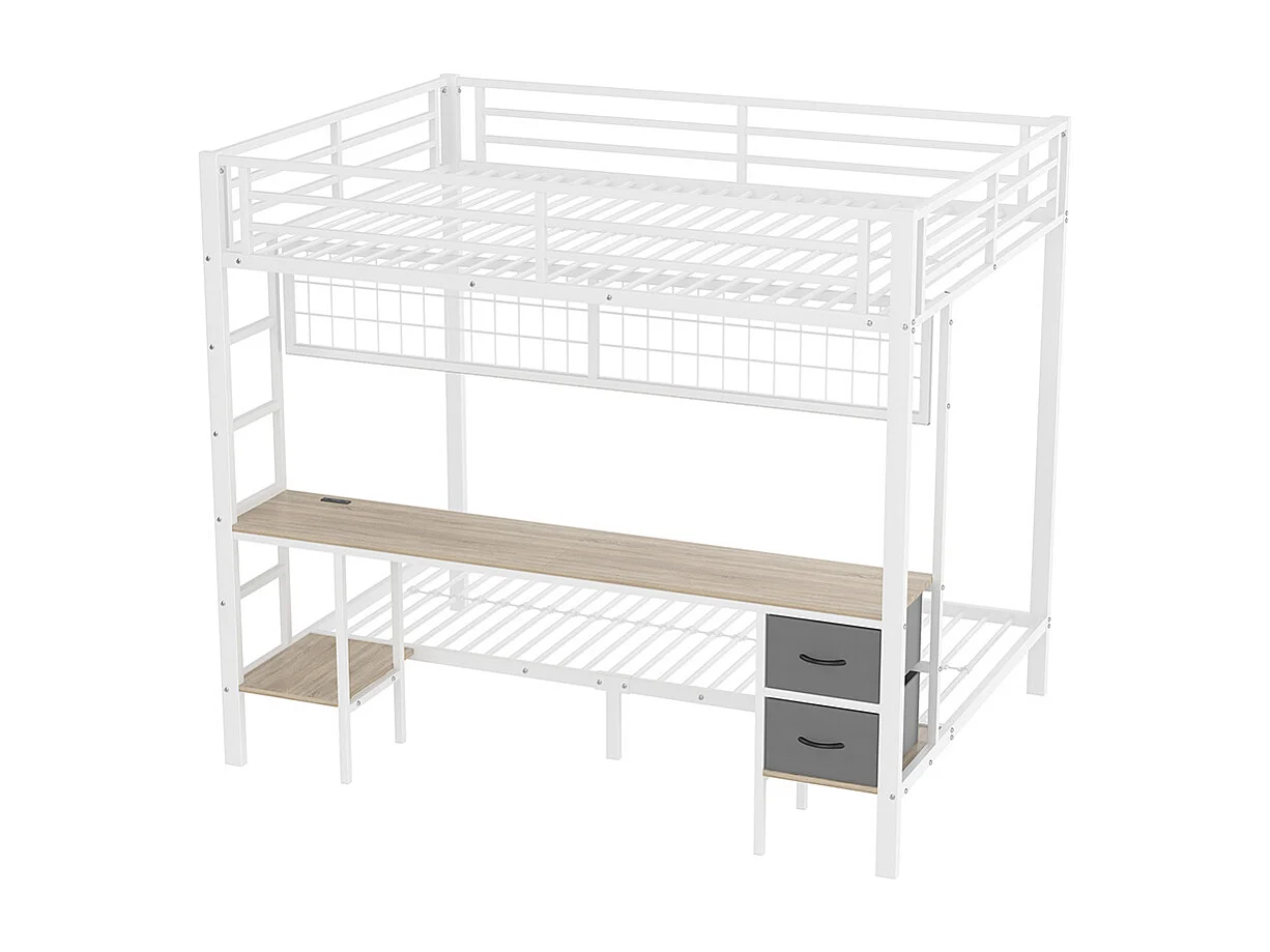 Lit mezzanine, 90 x 200 et 140 x 200, structure en fer, tiroirs, rangements, bureau, sans matelas, blanc