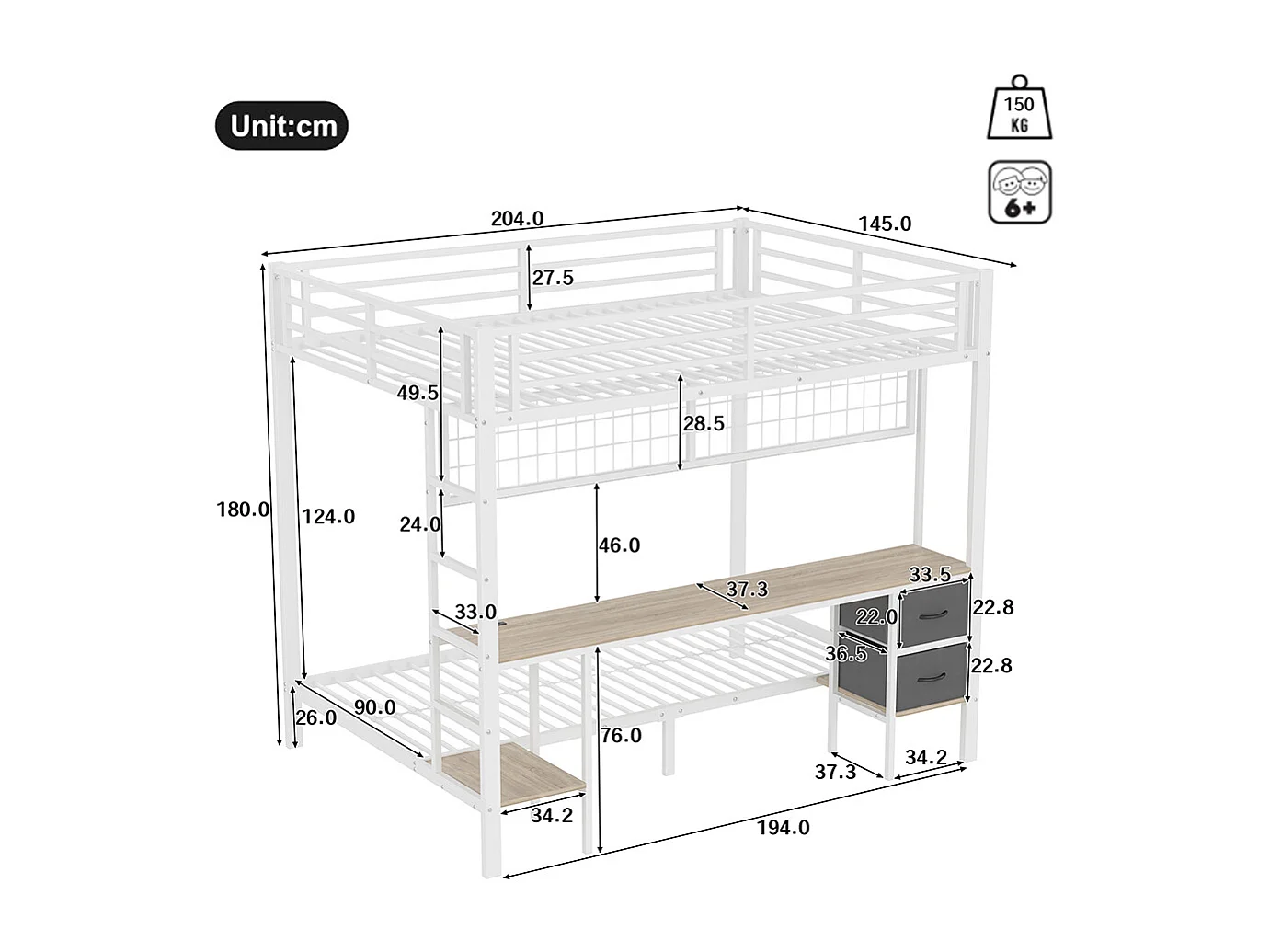 Lit mezzanine, 90 x 200 et 140 x 200, structure en fer, tiroirs, rangements, bureau, sans matelas, blanc