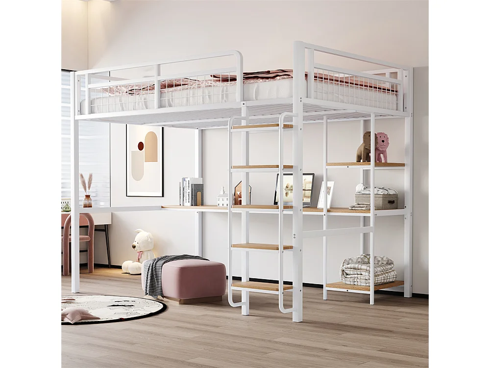 Lit jeune lit 140x200cm lit superposé lit simple avec table, échelle et étagères métal blanc