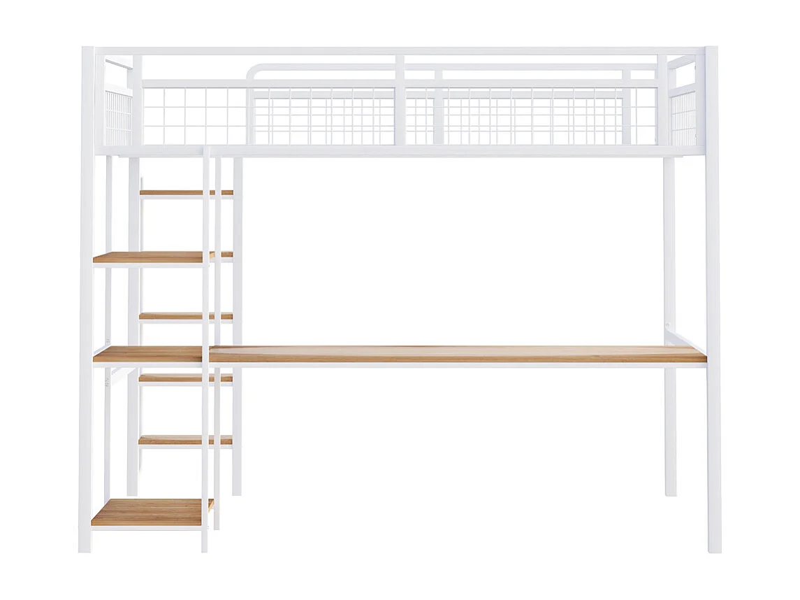 Lit jeune lit 140x200cm lit superposé lit simple avec table, échelle et étagères métal blanc