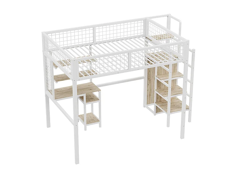 Lit jeune lit 140x200 cm lit surélevé avec échelle de sécurité, armoire et bureau d'ordinateur cadre de lit en fer lit simple métal blanc