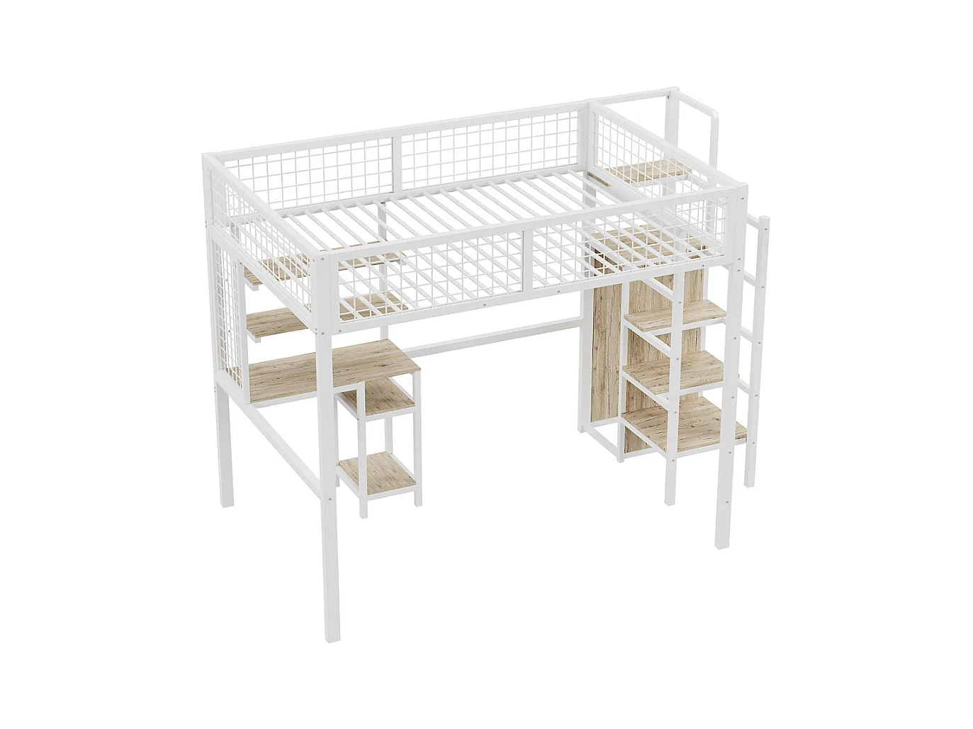 Lit jeune lit 140x200 cm lit surélevé avec échelle de sécurité, armoire et bureau d'ordinateur cadre de lit en fer lit simple métal blanc