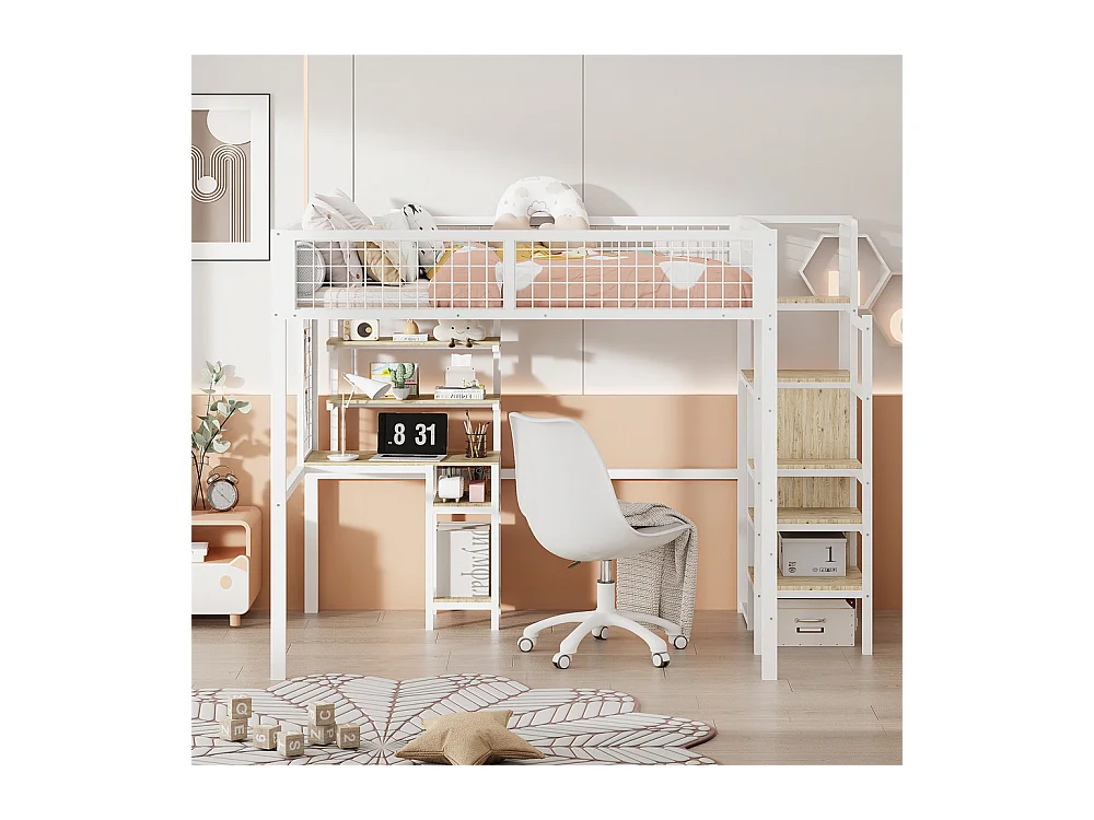 Lit jeune lit 140x200 cm lit surélevé avec échelle de sécurité, armoire et bureau d'ordinateur cadre de lit en fer lit simple métal blanc