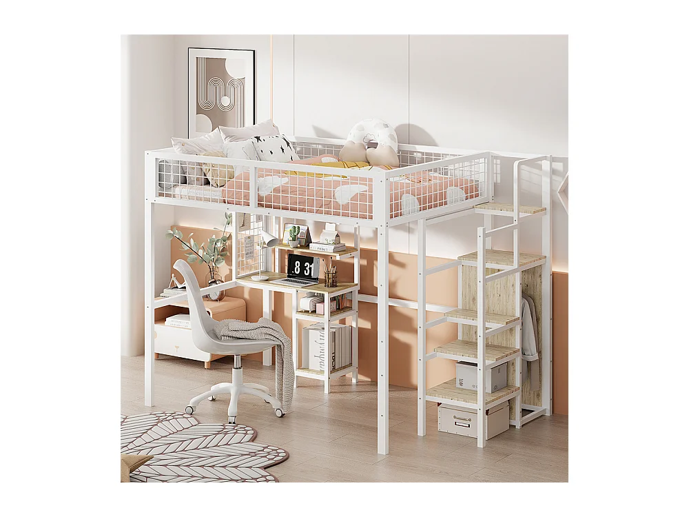 Lit jeune lit 140x200 cm lit surélevé avec échelle de sécurité, armoire et bureau d'ordinateur cadre de lit en fer lit simple métal blanc