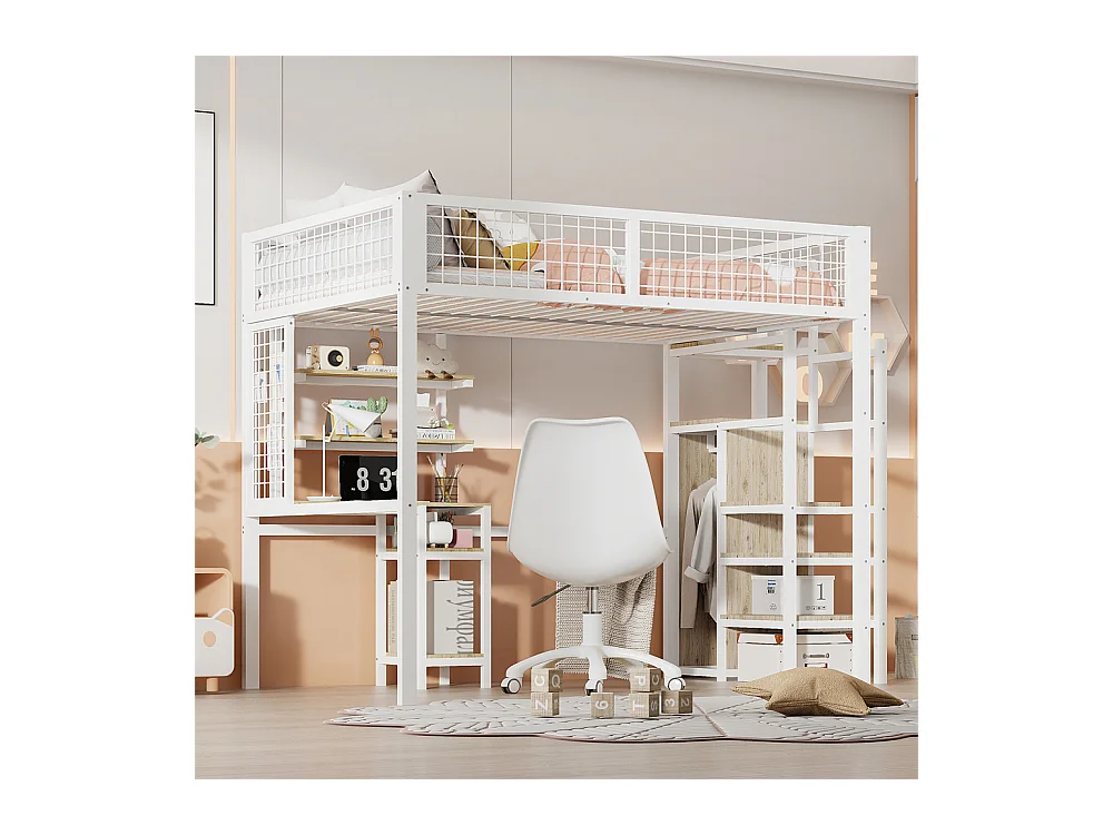 Lit jeune lit 140x200 cm lit surélevé avec échelle de sécurité, armoire et bureau d'ordinateur cadre de lit en fer lit simple métal blanc